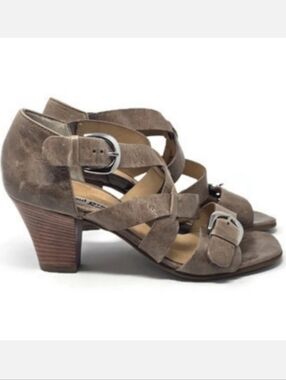 Paul Green Glazed Leather Crisscross Buckle Heeled Sandal US 7 Taupe